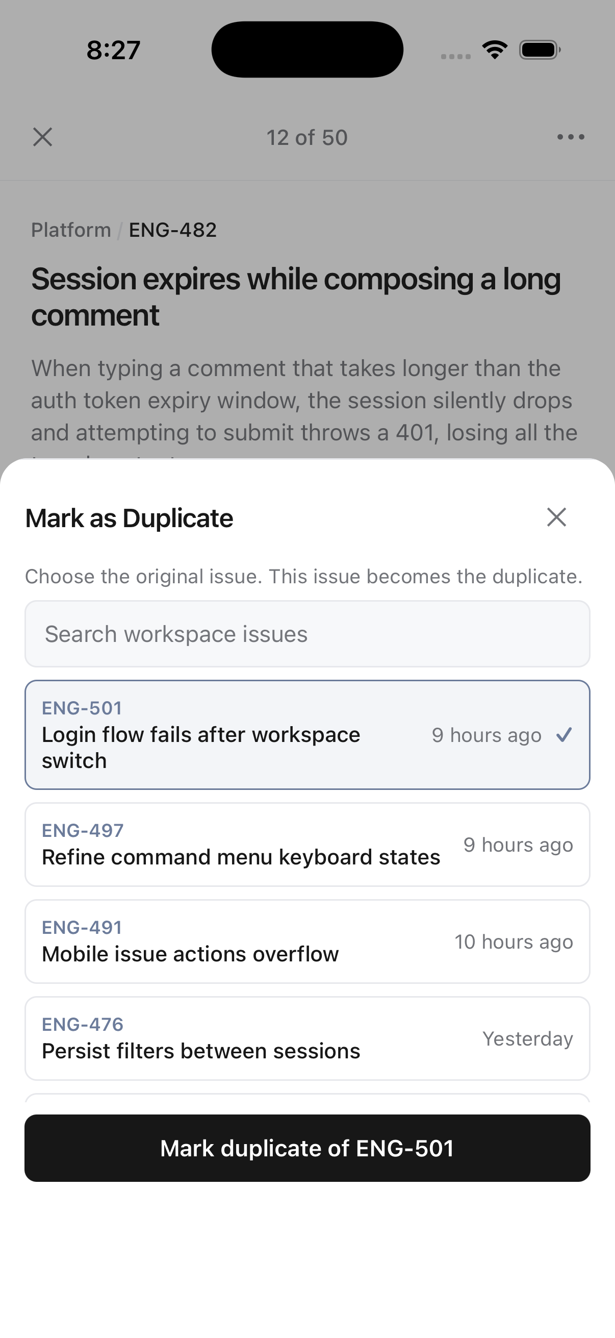 Duplicate picker in Stashd Triage with a selected original issue and a button to mark the current ticket as its duplicate