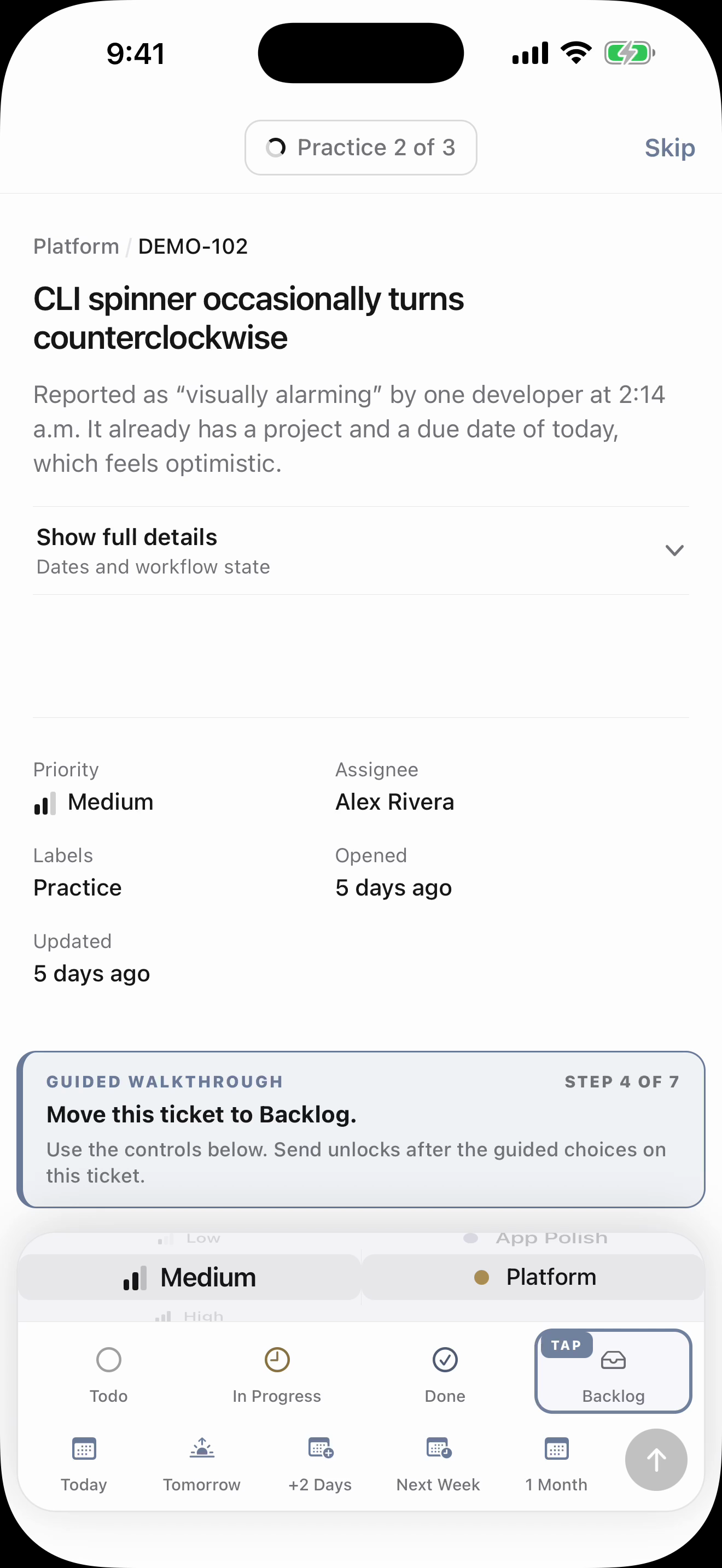 Practice ticket 2 of 3 in Stashd Triage, the next issue in the walkthrough after a decision