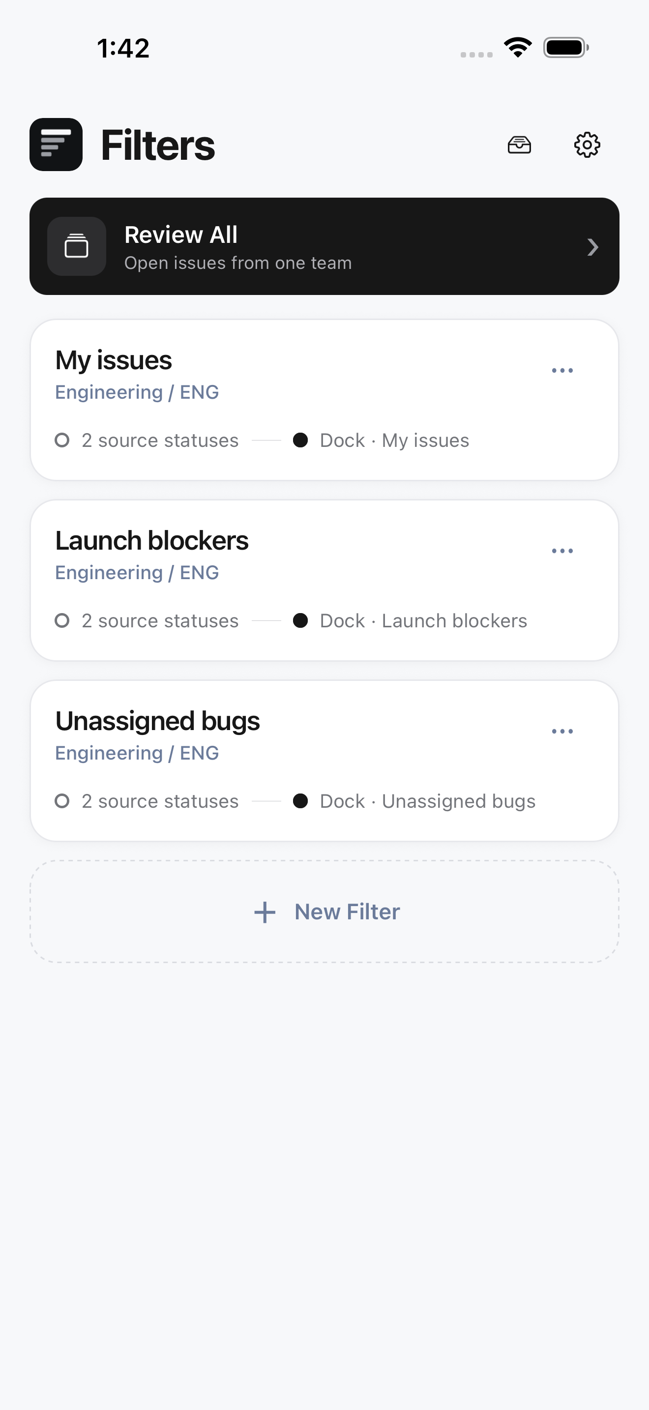 Filters in Stashd Triage, with Review All and three saved filters: My issues, Launch blockers, and Unassigned bugs